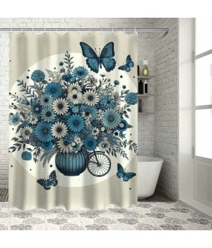 Shangniulu Shower Curtain for Bathroom with Hooks,Without Odor Polyester Fiber Material,Butterflies and Flowers Bathroom Decorative Shower Curtains Water Repellent Washable