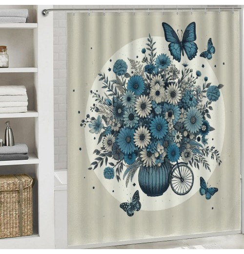 Shangniulu Shower Curtain for Bathroom with Hooks,Without Odor Polyester Fiber Material,Butterflies and Flowers Bathroom Decorative Shower Curtains Water Repellent Washable