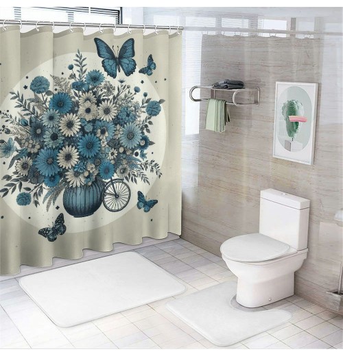 Shangniulu Shower Curtain for Bathroom with Hooks,Without Odor Polyester Fiber Material,Butterflies and Flowers Bathroom Decorative Shower Curtains Water Repellent Washable