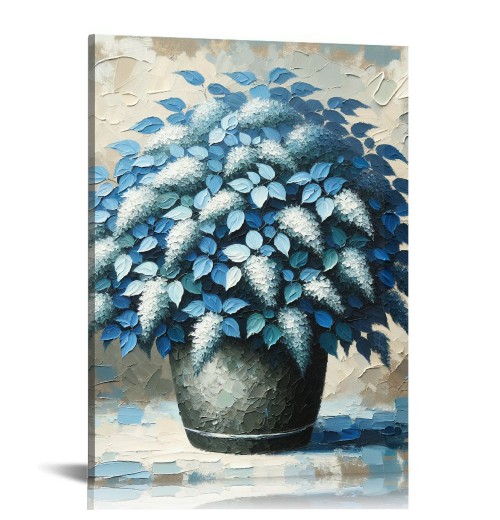 QKZF Blue Floral Canvas Wall Art for Living Room, Oil Painting Floral Artwork Modern Blue Flowers Picture Wall Decor Framed Bathroom Bedroom Home Office