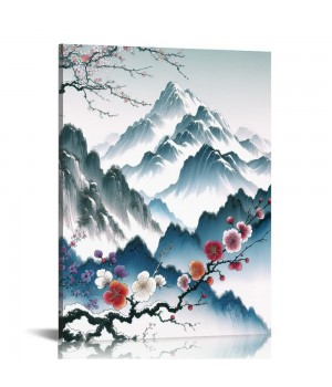 QKZF Plum Bossom Canvas Wall Art for Living Room, Chinese Style Wall Art Hanging Pictures Modern Floral Artwork Poster for Bedroom Bathroom Home Office Decor