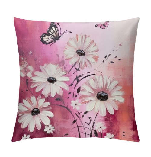 PHYHOO Girly Pink Daisy Throw pillow Cover,Retro Hand Draw Graffiti Cushion Cover for Car Camper Office,Farmhouse Style Botanical pillowcase Outdoor pillow Cover Single Pack