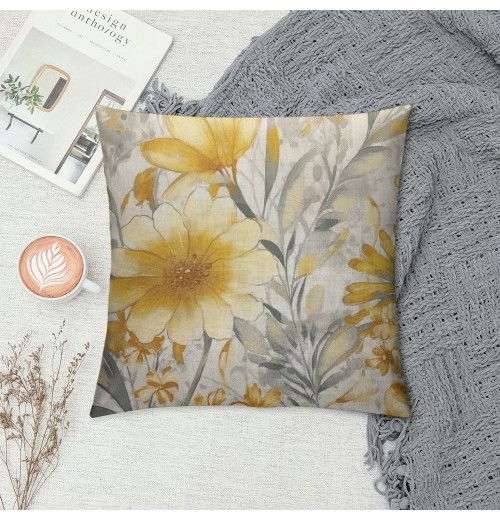 PHYHOO Linen Throw pillow Covers Light Yellow and Gray Floral Pattern Spun Decorative pillowcases 18X18 Inch Farmhouse Rustic Outdoor pillow Cover Square Cushion Cases for Sofa Couch Home