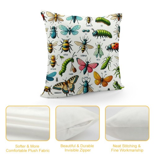 PHYHOO Short Plush pillow Covers,Cartoon Insects Double-Sided Print Square Cushion Cases for Sofa Bedroom Car Decorative