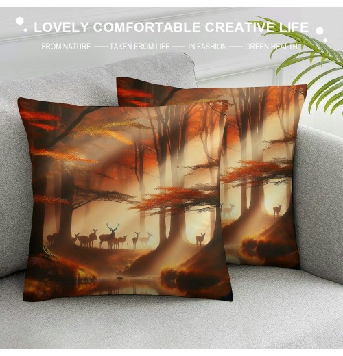 PHYHOO Short Plush pillow Covers Deers Stream in Forest Painting Square pillow Case for Bedroom, Sofa, Car Decoration Both Sides