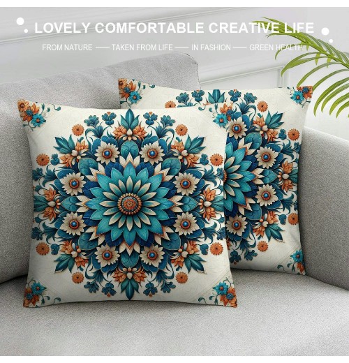 PHYHOO Short Plush pillow Covers Blue Orange Flower Square pillow Case for Bedroom, Sofa, Car Decoration Both Sides