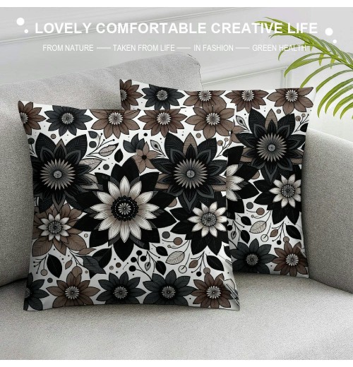 PHYHOO Short Plush pillow Covers Black Brown&nbsp;Flower Square pillow Case for Bedroom, Sofa, Car Decoration Both Sides