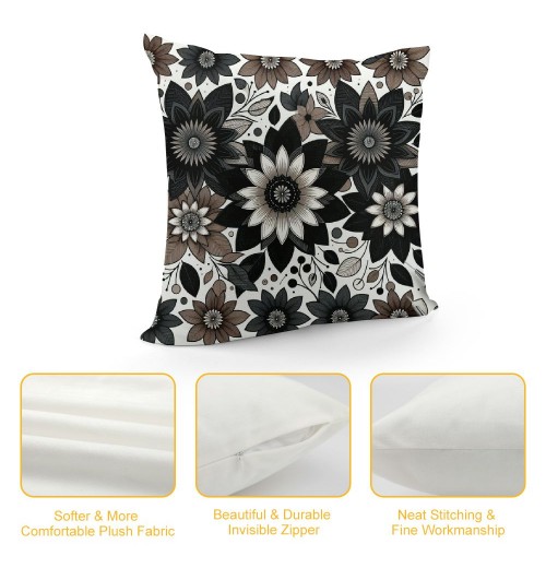 PHYHOO Short Plush pillow Covers Black Brown&nbsp;Flower Square pillow Case for Bedroom, Sofa, Car Decoration Both Sides